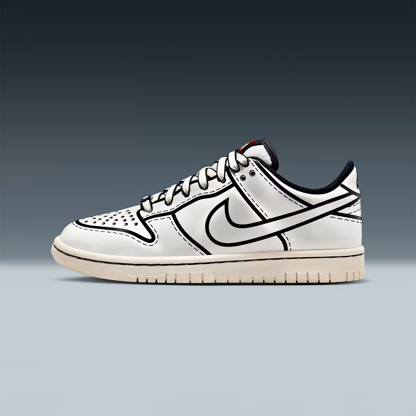 White sneaker with black line art design on a gray background