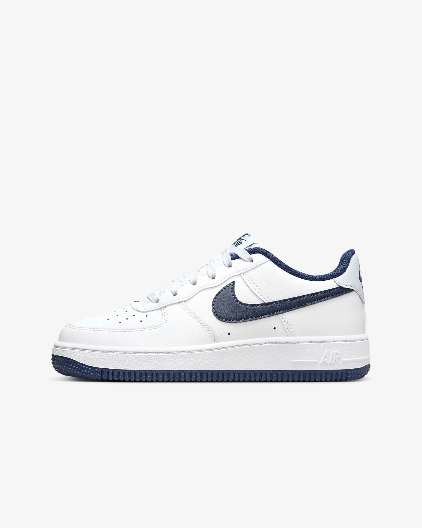 A kids white and navy Air Force 1 shoe 