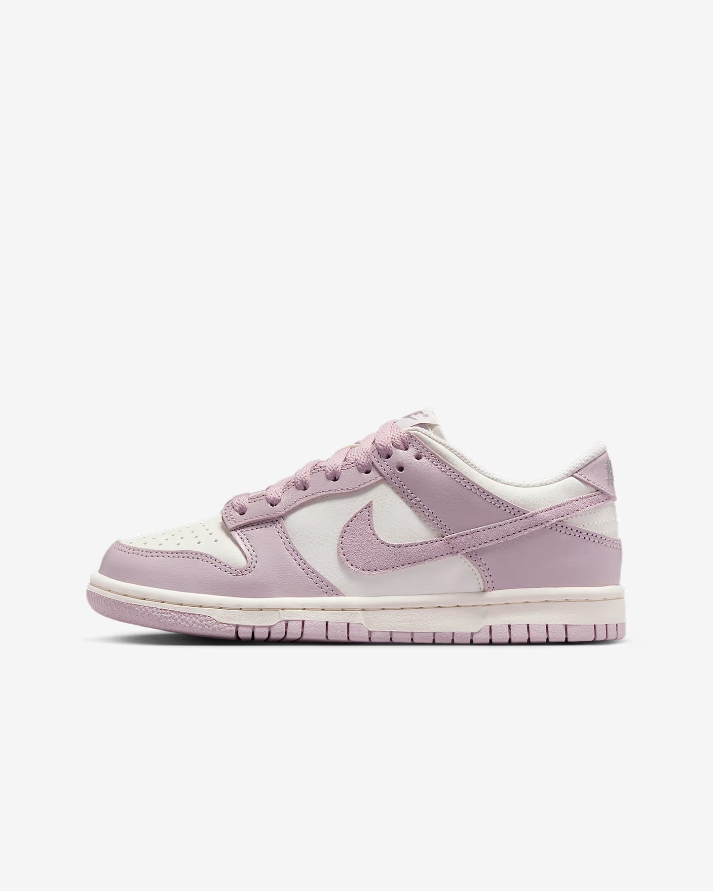 A customized Big Kids' Dunk Low primarily in lilac and white colors.