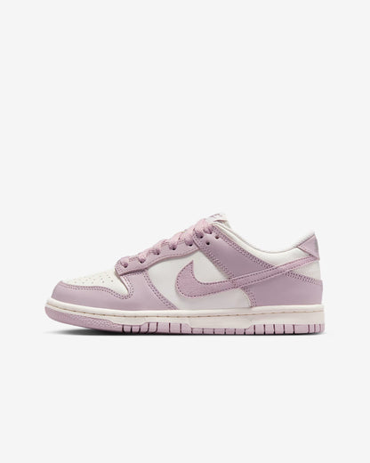 A customized Big Kids' Dunk Low primarily in lilac and white colors.