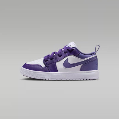 Purple and white sneaker on a gray background