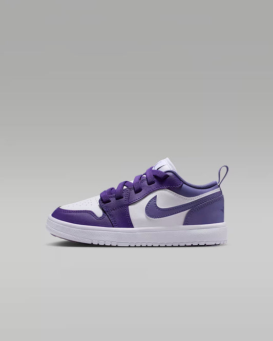 Purple and white sneaker on a gray background