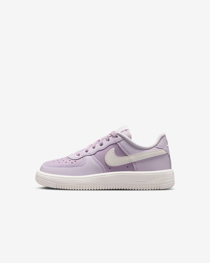 Purple sneaker with a white logo on a light gray background