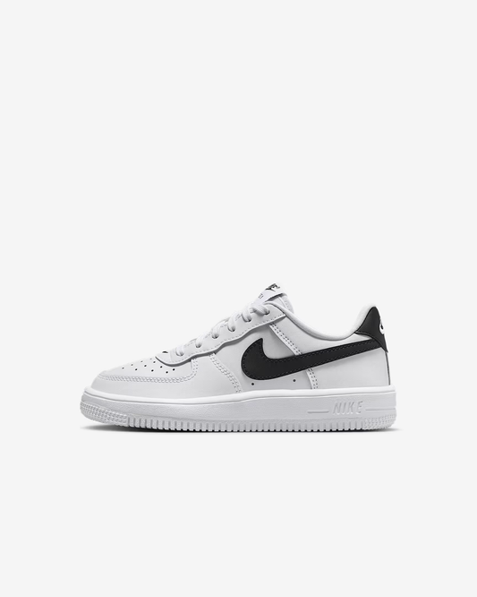 White sneaker with black swoosh logo on a white background
