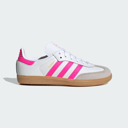 White sneaker with pink stripes on a light gray background