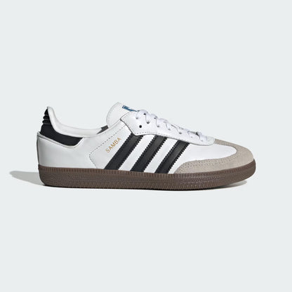 White sneaker with black stripes on a light gray background