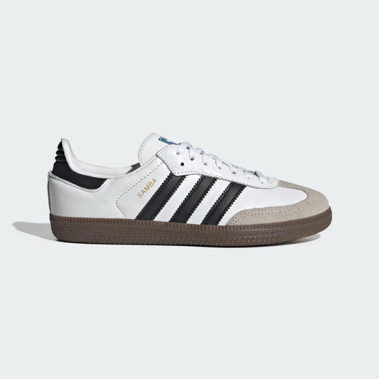 White sneaker with black stripes on a light gray background
