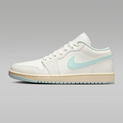 White sneaker with a light blue logo on a gray background
