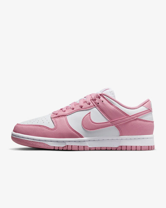 A pair of pink and white Dunk Low sneakers.